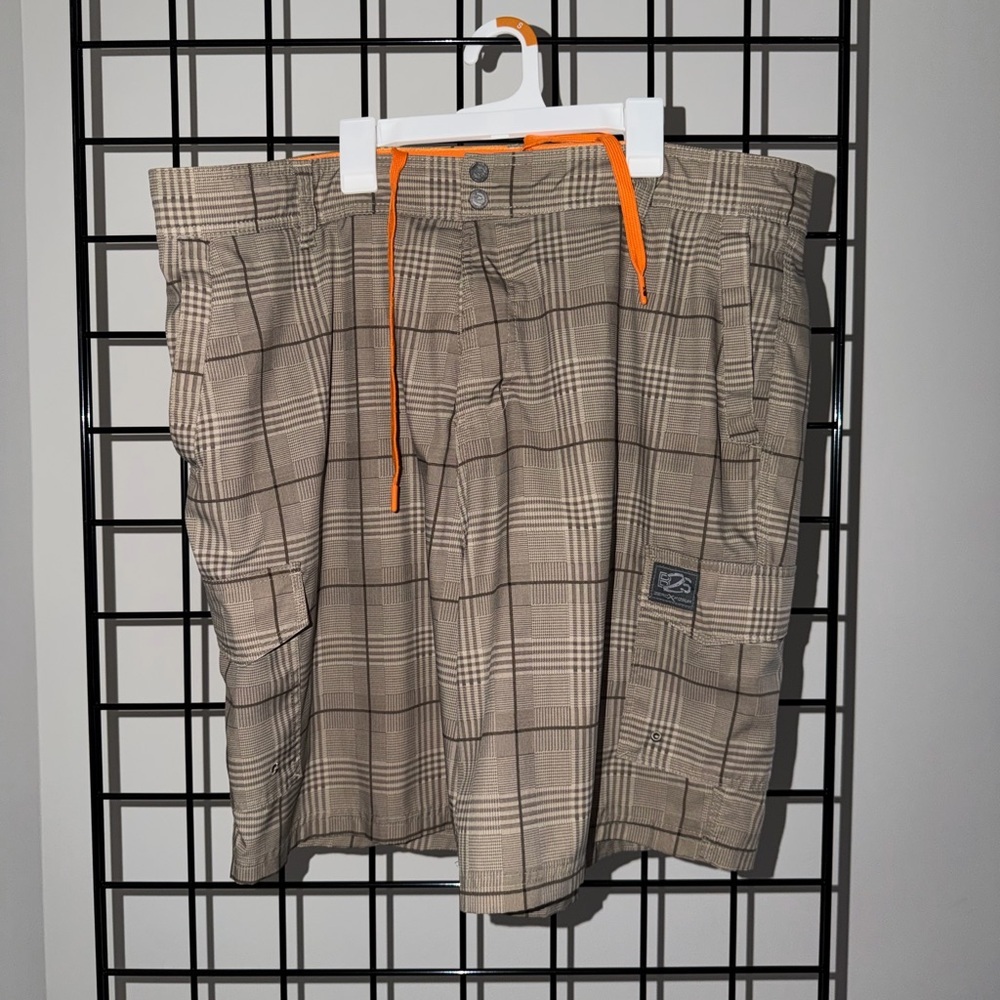 Plaid Cargo Shorts with Orange Drawstring